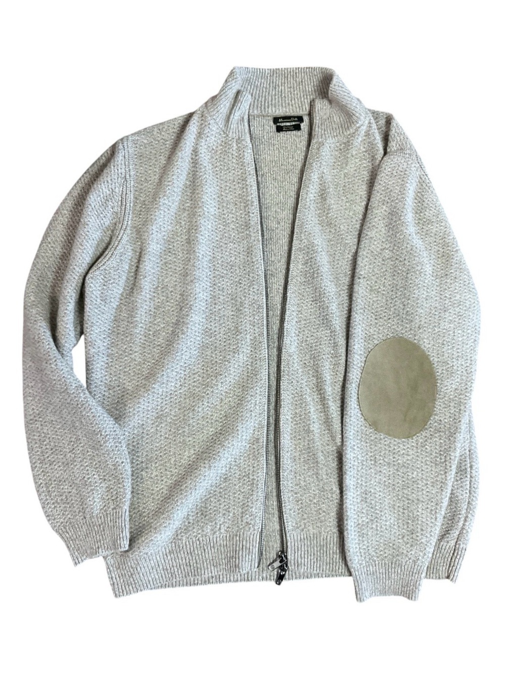 Massimo Dutti Wool & Cotton Zip-Up Cardigan with Suede Elbow Patches - Beige XL